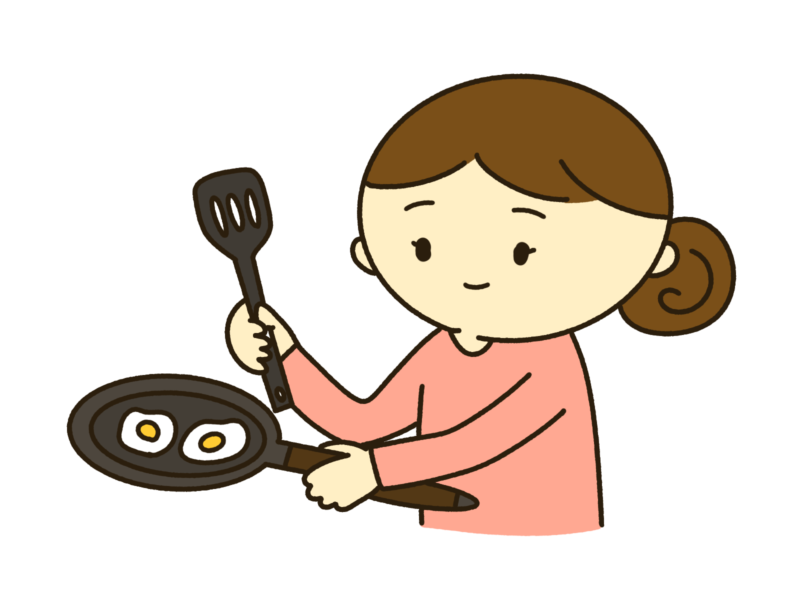 バーミキュラのフライパンで目玉焼きを焼く女性のイラスト